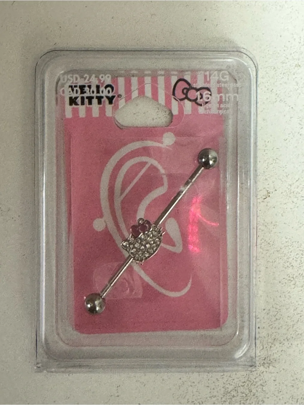 Hello Kitty Silver Barbell with Pink and Clear Gems